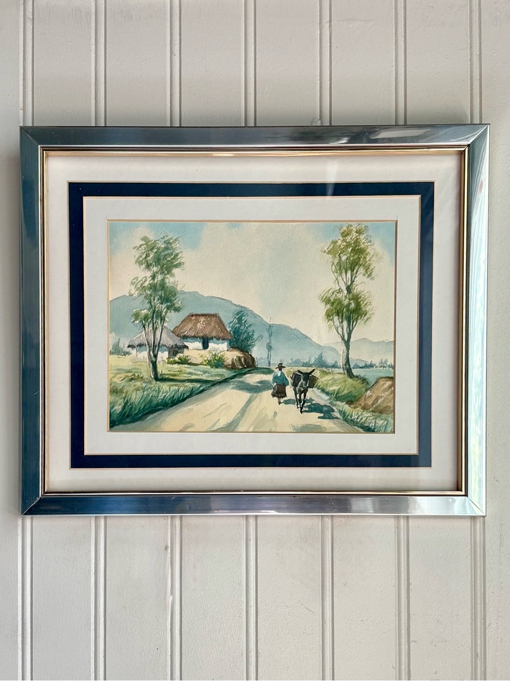 Vintage Watercolor Painting of a Serene Countryside Landscape Scene Framed VTG
